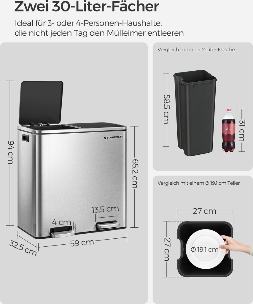 SONGMICS Mülltrenner 2 x 30,0 l silber Produktbild 5