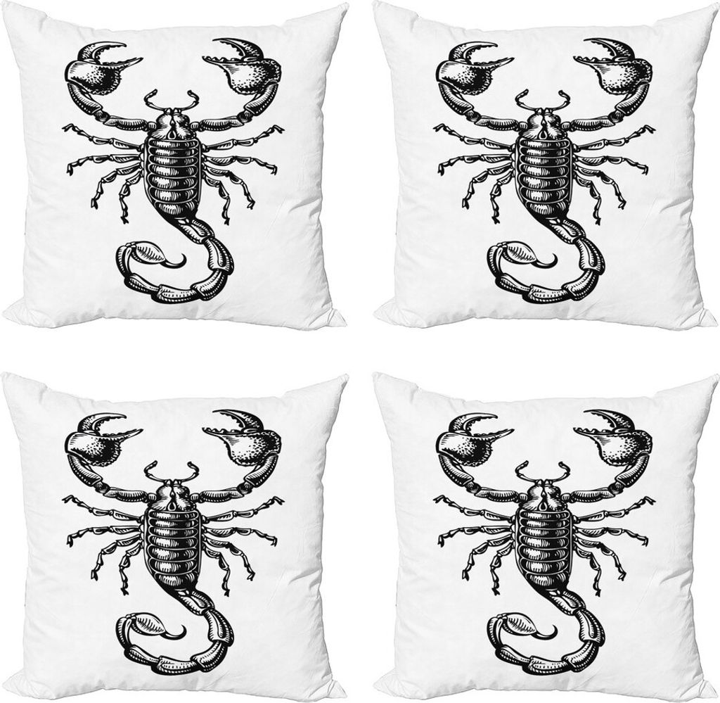 ABAKUHAUS Sternzeichen Skorpion Kissenbezug Set (4 Stück), Skizze Tattoo, Moderner Doppelseitiger Digitaldruck, 45 cm x 45 cm, Schwarz und weiß