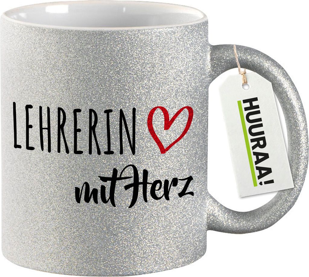 Huuraa Glitzertasse Lehrerin mit Herz 330ml Silber Keramik Kaffeebecher Geschenkidee