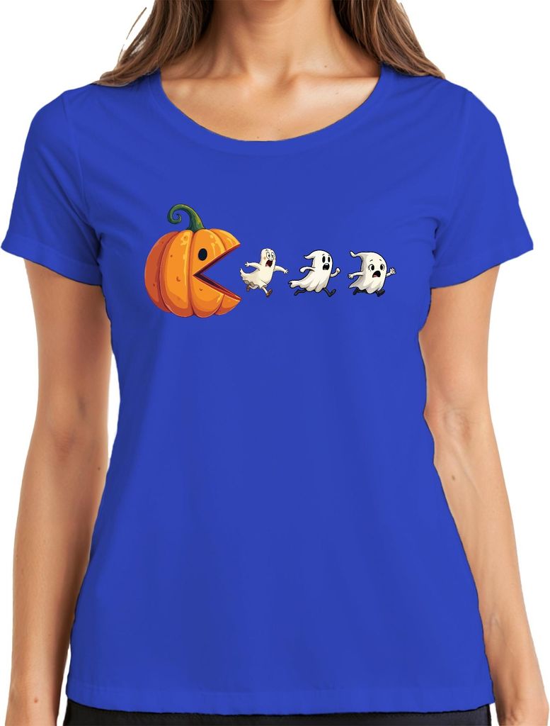 Halloween Kürbis Pacman Geister Party Lustig Cartoon Geschenk Damen T-Shirt, Blau, 3XL