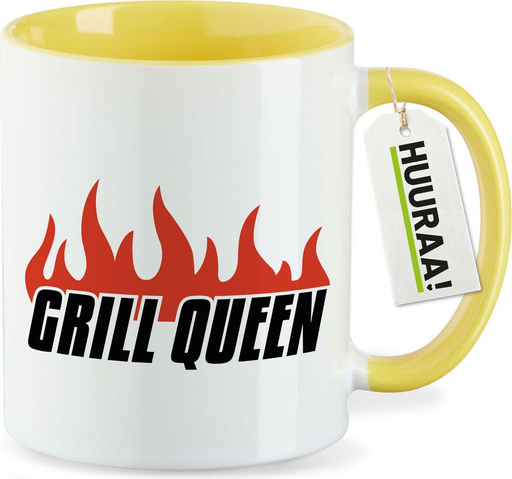 Huuraa Kaffeetasse Grill Queen Flammen 330ml Gelb Keramik Kaffeebecher Geschenkidee