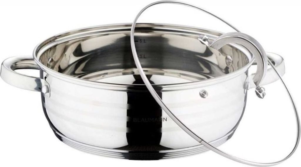 A stainless steel pot with a glass lid.