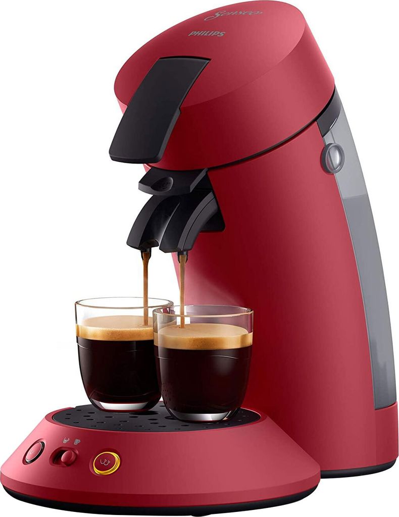 A red Philips Senseo coffee machine brewing coffee into two glasses.