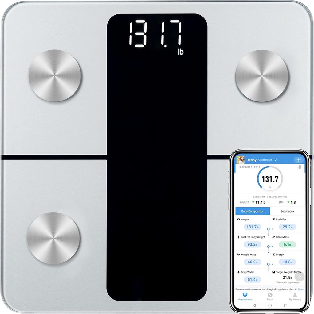 OKWISH Körperfettwaage mit App LCD Digitale Personenwaage Smart Bluetooth Körperwaage für iOS & Android Digital Körperanalysewaage Waage Weiß