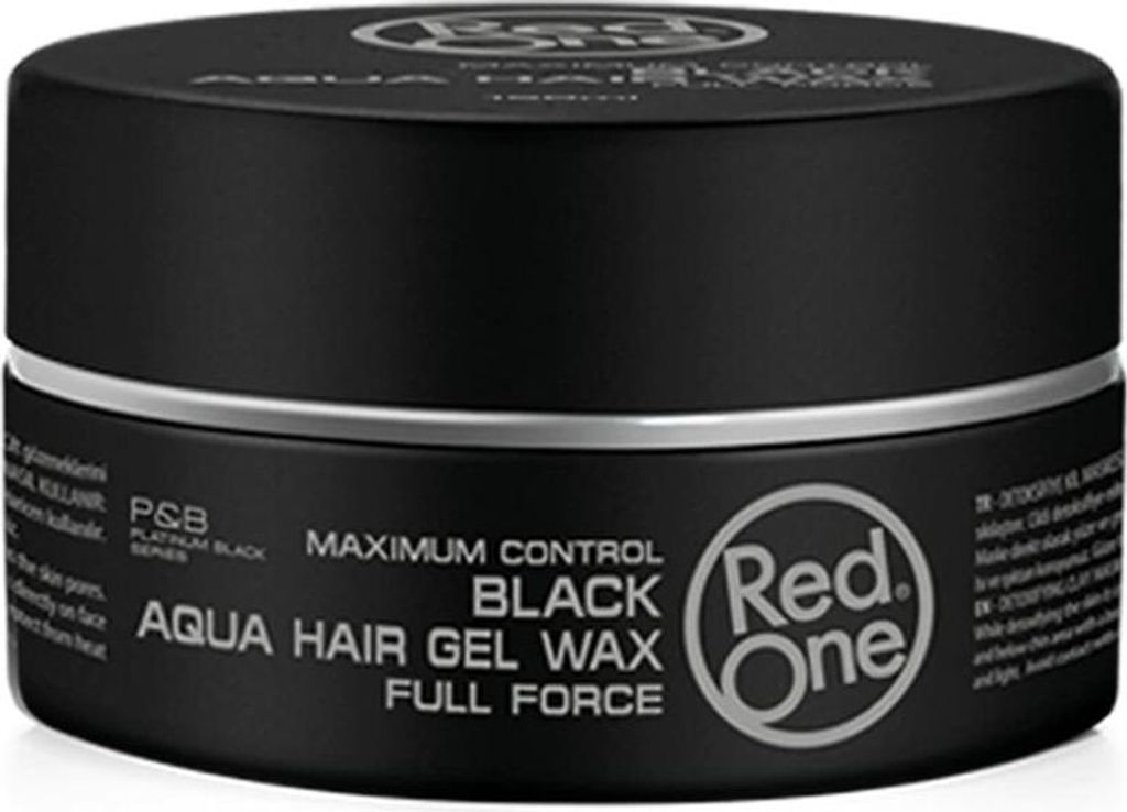 A black jar of Red One Black Aqua Hair Gel Wax is shown against a black background.