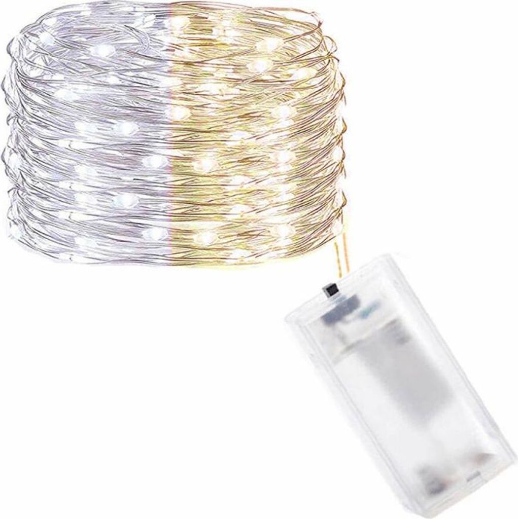 A coiled string of LED lights with a battery pack.