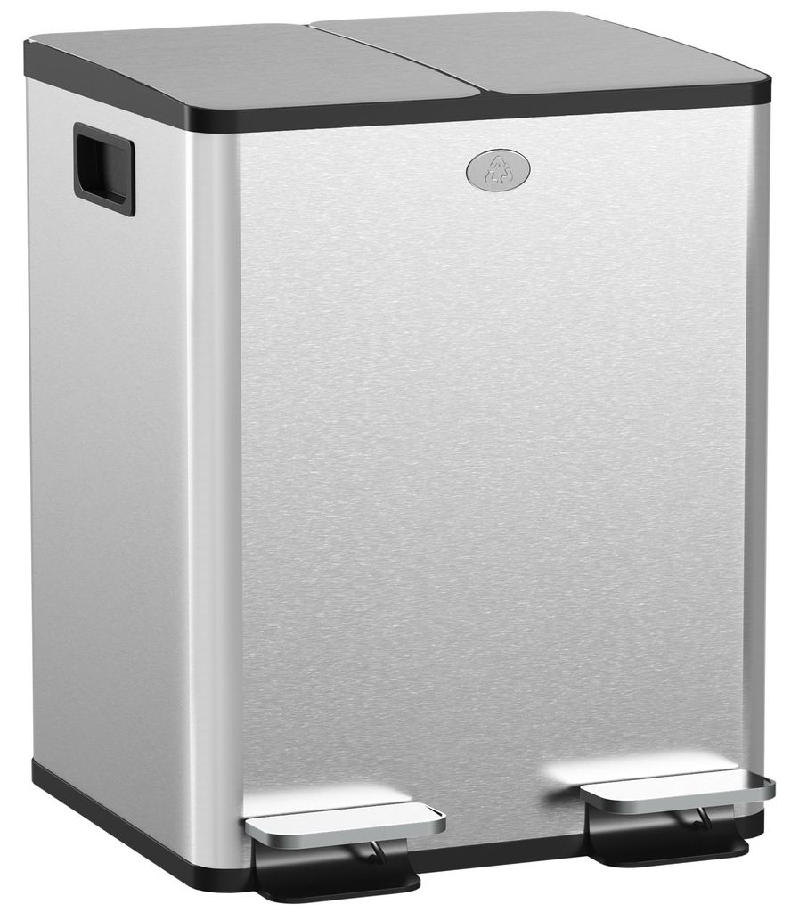 2 x 20 L Doppelmülleimer, Pedalöffnung, leicht zu reinigen, Edelstahl, Kunststoff, Silber