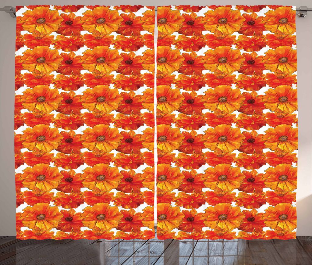 ABAKUHAUS Mohn Rustikaler Gardine, Handfarben-Stil-Blüten, Schlafzimmer Kräuselband Vorhang mit Schlaufen und Haken, 280 x 175 cm, Orange und Ver...