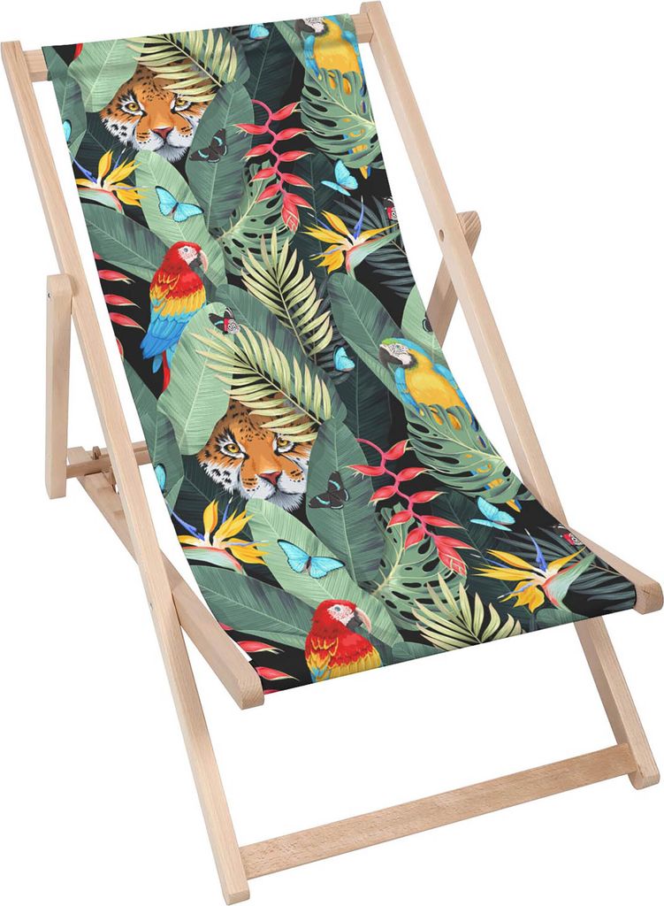 Dreamroots Liegestuhl klappbar Holz, bis zu 130 kg, Sonnenliege klappbar mit 3-stufiger Neigungsregulierung der Rückenlehne, Jaguar And Palm Leaves