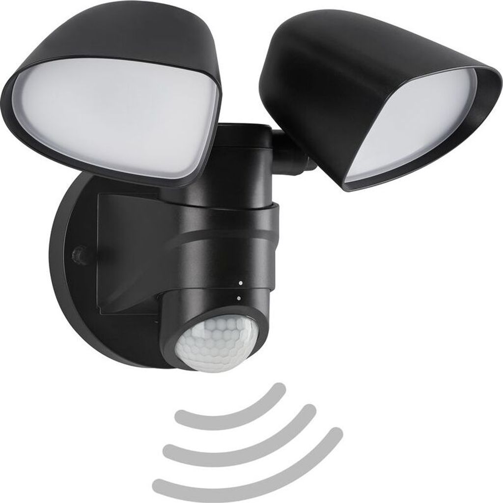 A black LED outdoor light with a motion sensor.