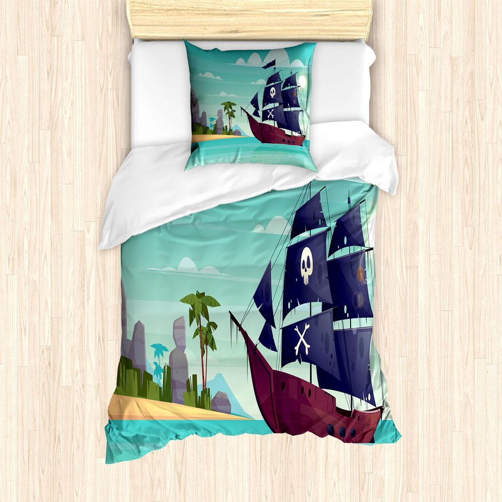 ABAKUHAUS blau Wasser Bettbezug Set, Grafik-Bild eines Piraten-Schiff auf dem Wasser in der Nähe einer Insel Skull and Bones, 135 x 200 cm + 80 x ...
