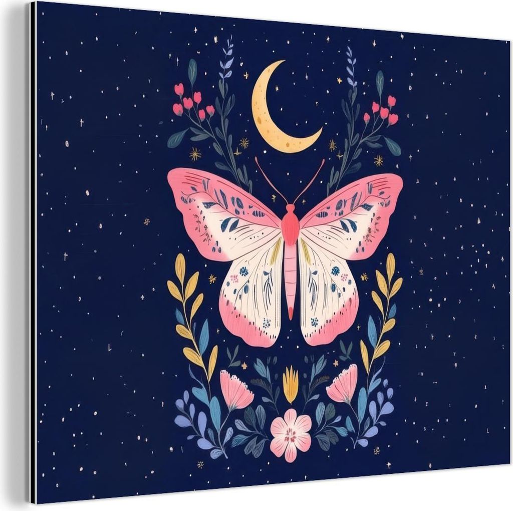 MuchoWow Wanddekoration Metall Metallbild Wandkunst 40x30 cm Schmetterling - Mond - Blumen - Sternenhimmel MuchoWow Aluminium Gemälde - Dekoration...