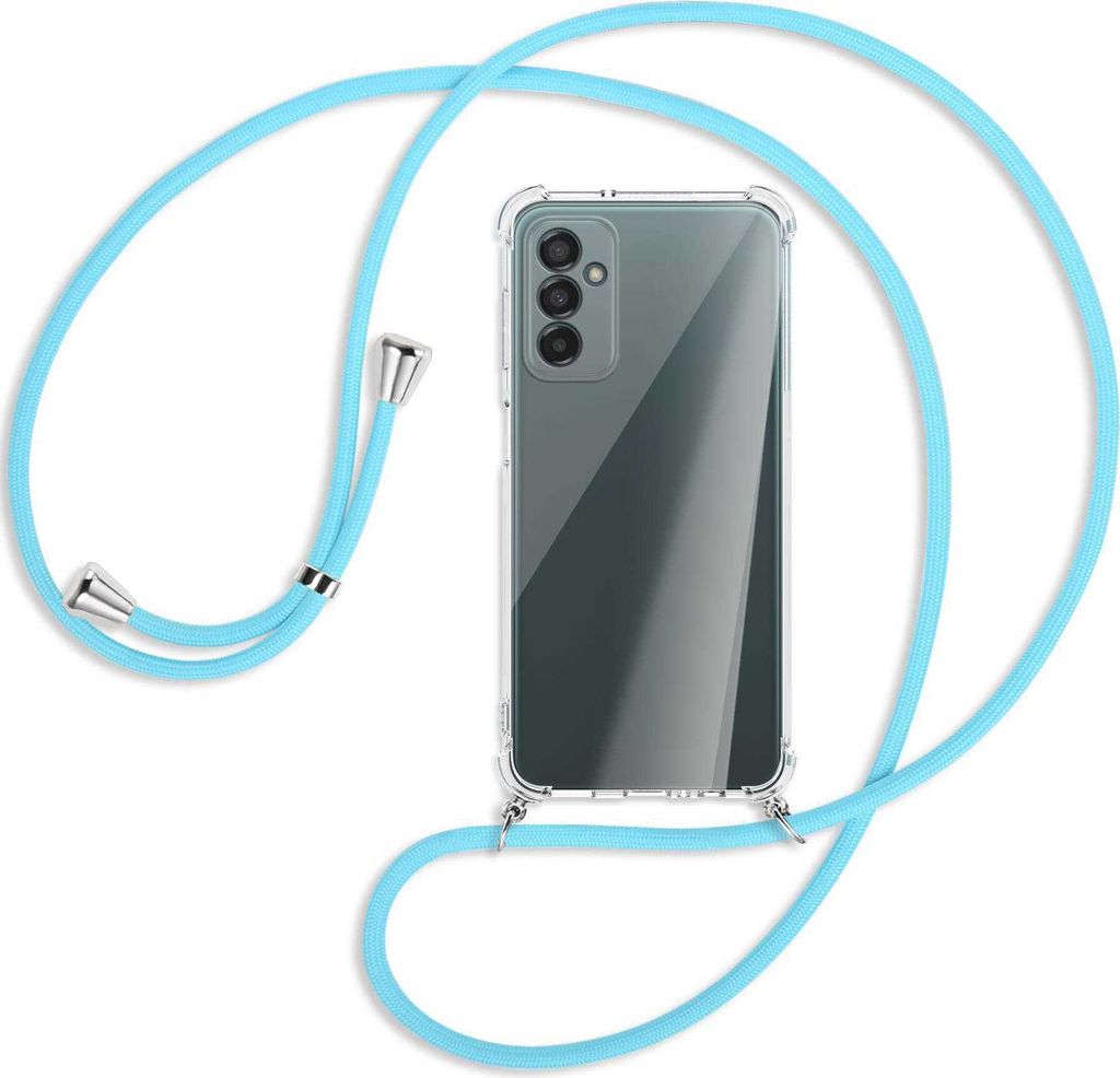Handykette Backcover-Schutzhülle mit Band (Metall silberfarben) für Samsung Galaxy M23 - himmelblau