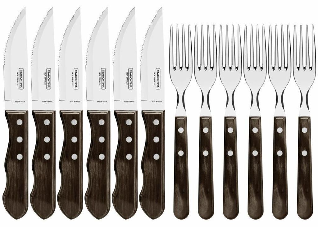 Tramontina JUMBO Steakbesteck Set, 12-tlg., Steakmesser, Steakgabel, Messer, Gabel, Edelstahl / Holz, 29899-239