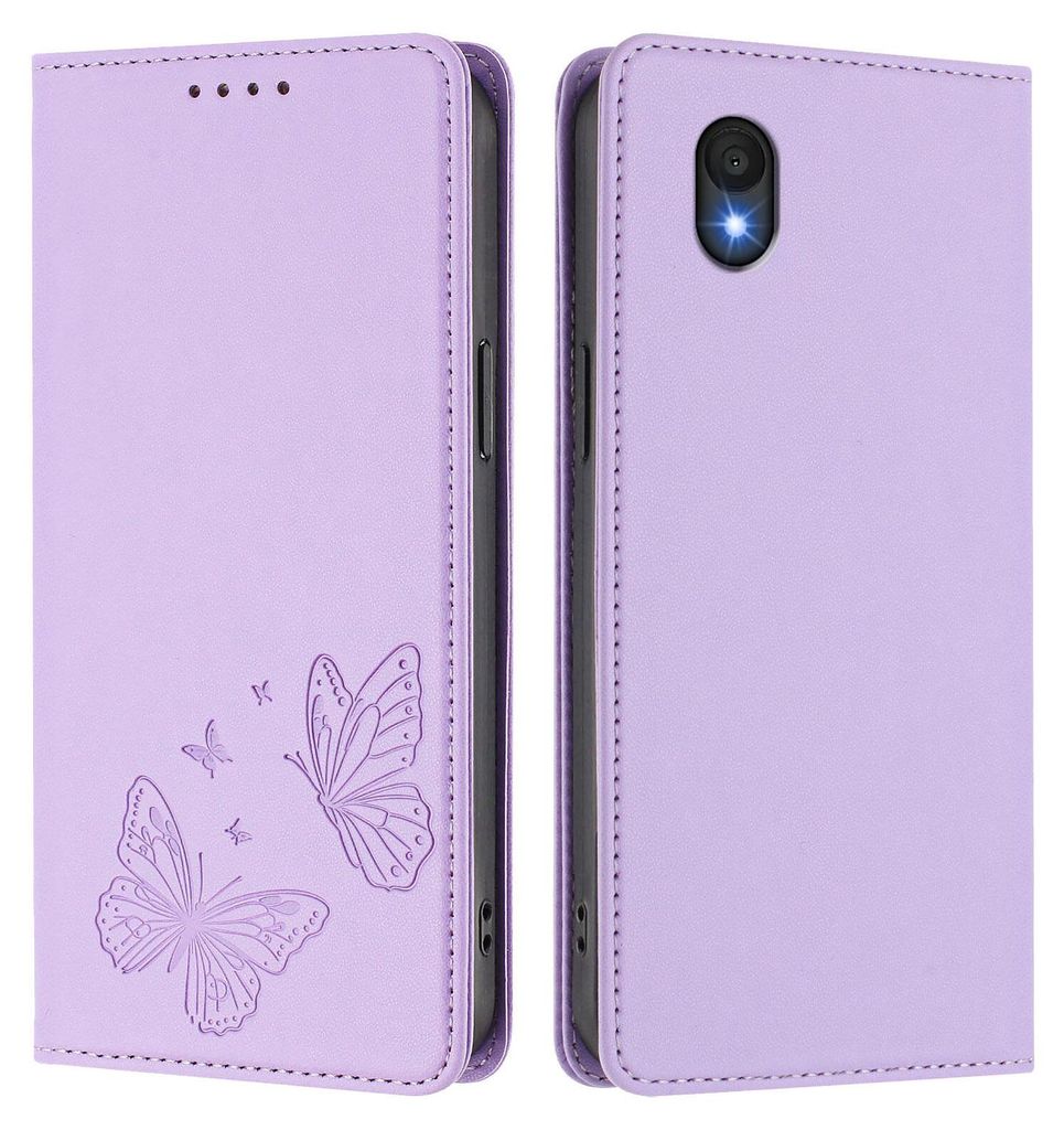 Lederhülle für TCL 201, Schmetterling Prägung Leder Brieftasche Schutzhülle mit Ständer Violett