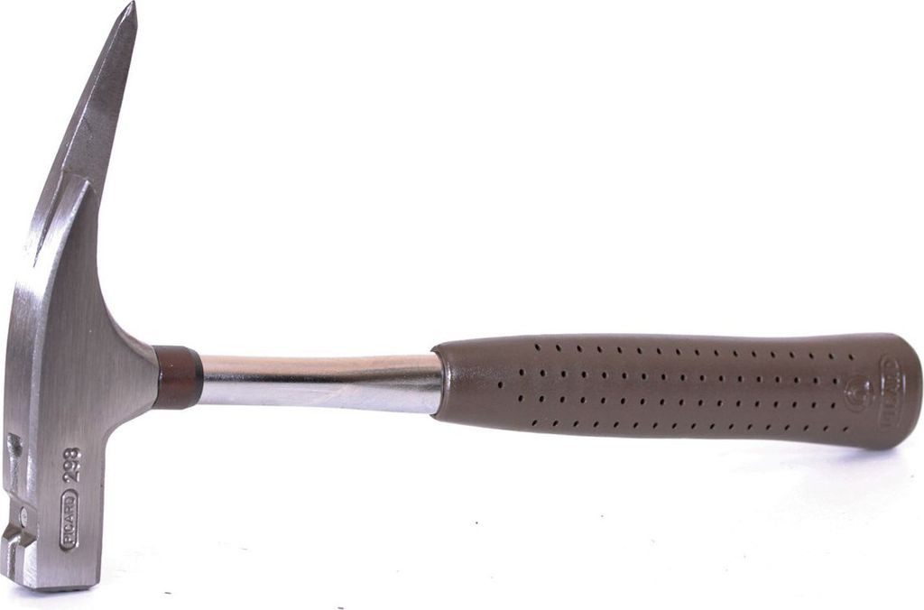 A geological hammer with a pointed tip and a flat striking face, resting on a white background.