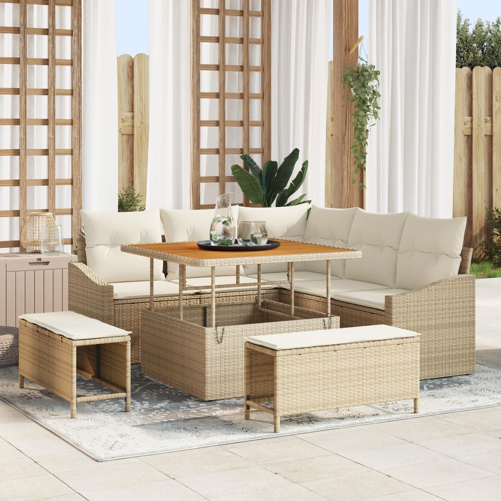 8-teiliges Garten Sofaset mit Kissen Beige Poly-Rattan Akazie, Design Möbel Gartensofas Neu