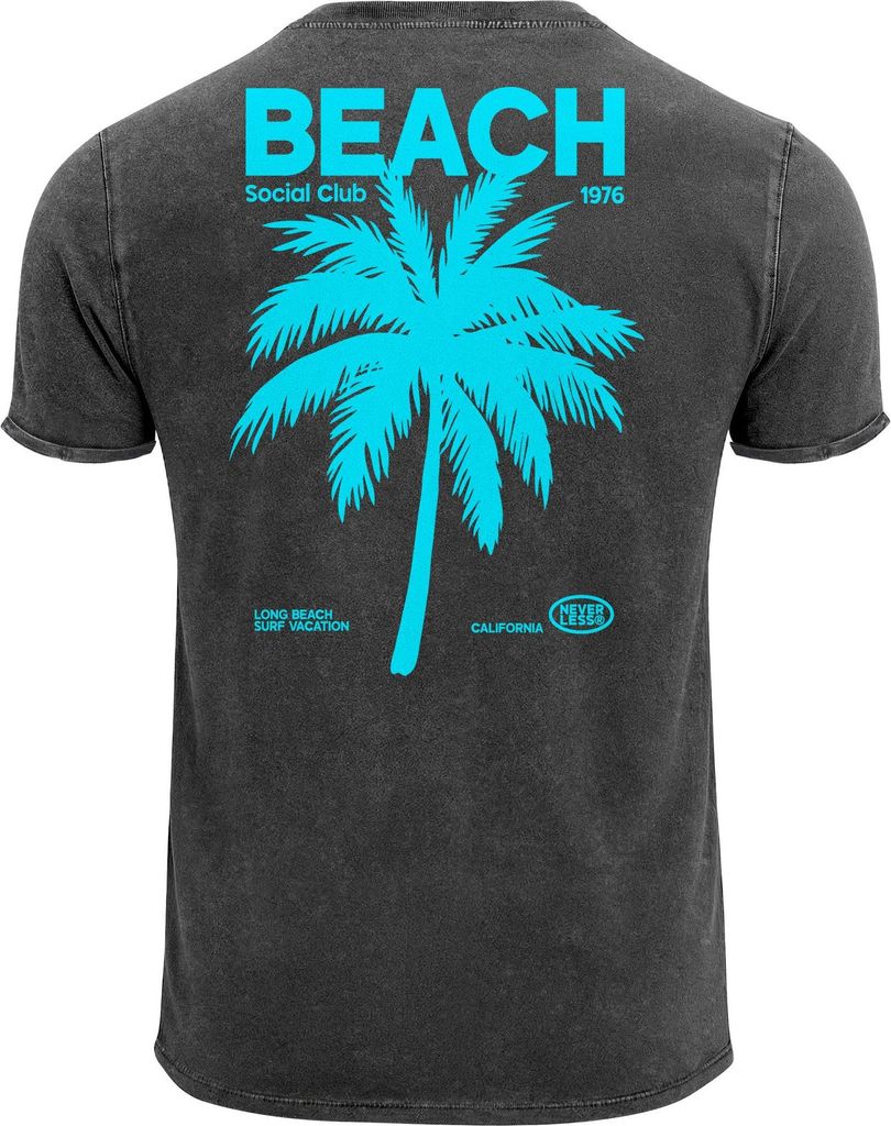 Herren Vintage T-Shirt Backprint Sommer Funshirt mit Palmen Print Retro Typografie – Strand Urlaub GrafikshirtUsed Look Neverless