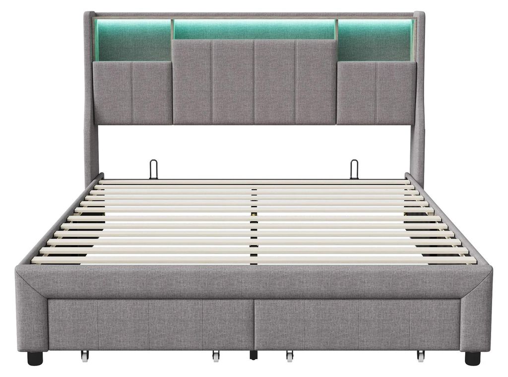 Bett mit Stauraum 140x200 cm - Polsterbett - 2 Schubladen - Leinenstoff - USB-Ladeanschluss - LED-Stimmungsbeleuchtung - Belastbar bis 340 kg - Grau