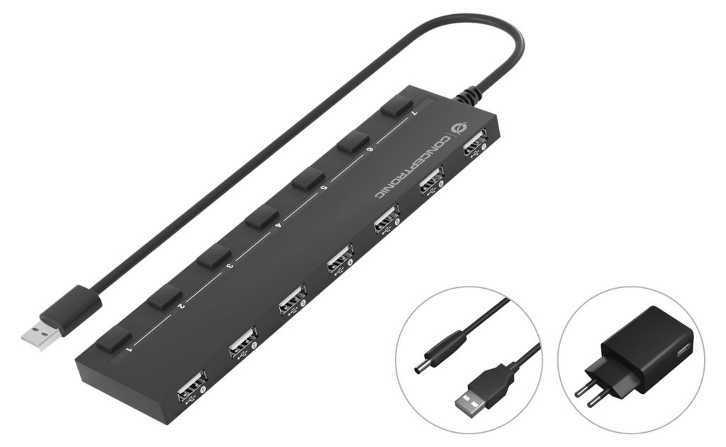 Conceptronic HUBBIES 7-Port-USB-2.0-Hub mit Netzteil, USB Produktbild 