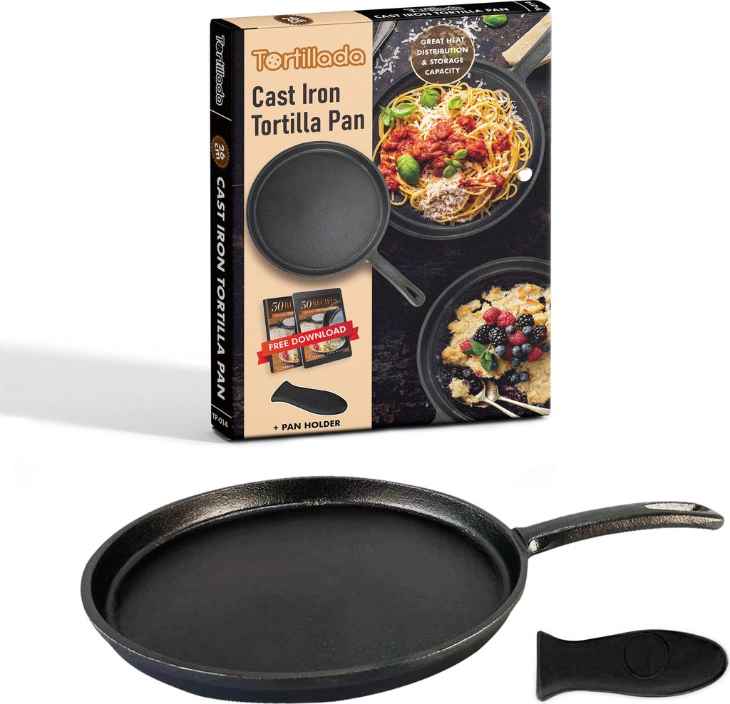 A product box for a cast iron tortilla pan, with a separate image of the pan and a pan holder below.