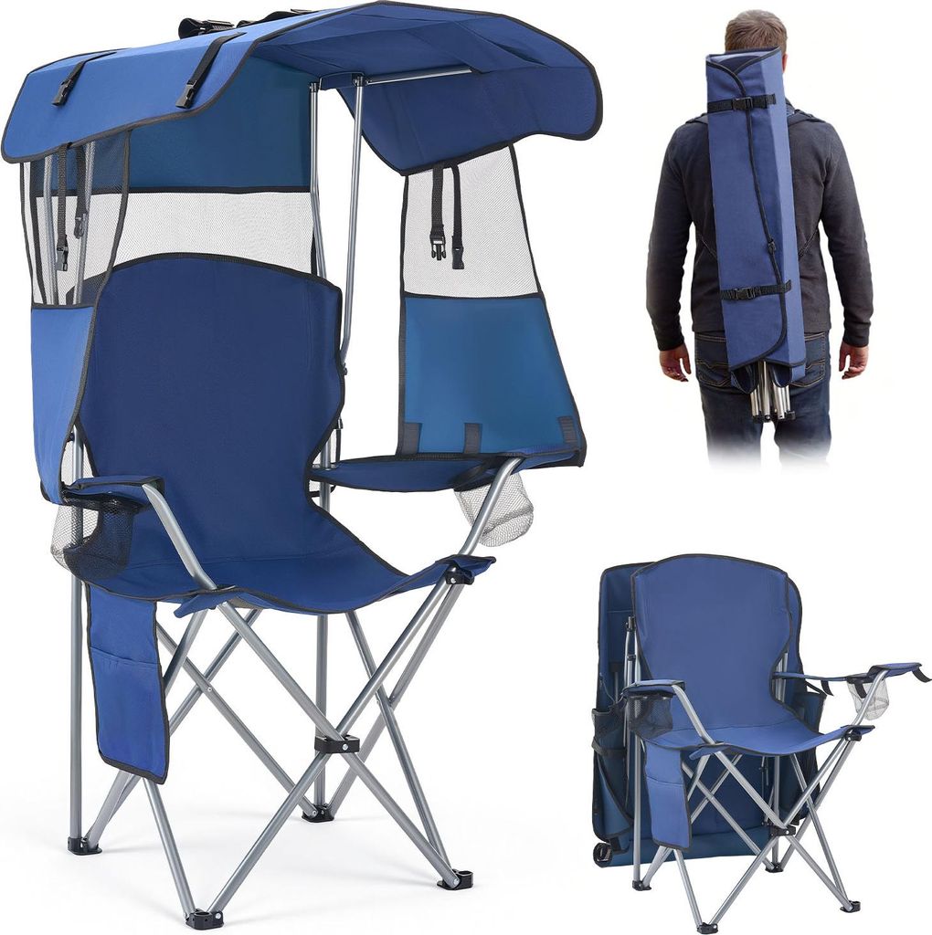 VEVOR Campingstuhl Faltstuhl 150 kg Belastbar, Anglerstuhl mit Sonnendach & Zeitschriftentasche, Klappstuhl mit 2 Getränkehaltern, für Outdoor-Ak...