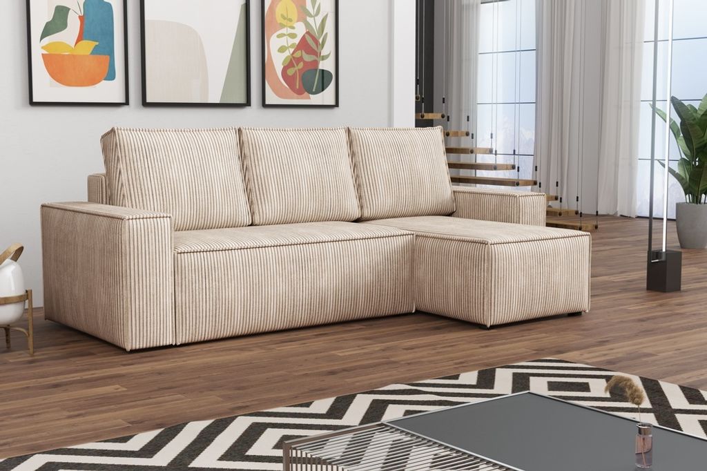 MR GROUP Ecksofa L Form Bergamo 240x142 cm mit Schlaffunktion und Bettkasten Couch Cord Schlafsofa Schlafcouch Sofa universale Seite, beige hellbraun