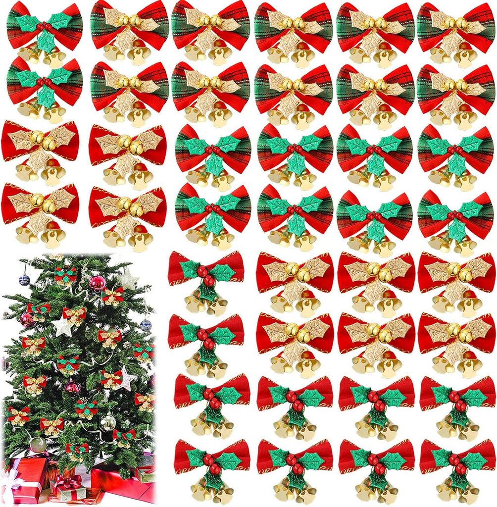 Weihnachts-Minischleifen zum Basteln, Weihnachtsschleifen als Geschenk, kleine Weihnachtsschleifen mit Glöckchen, Ornament, Bastelgeschenkschleife...