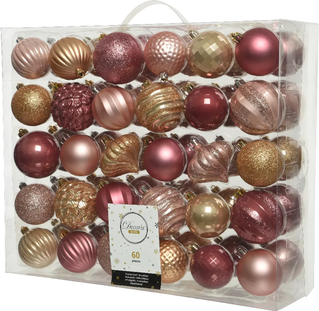 Kit Déco Sapin de Noël Rose et Beige 60 Boules Diamètre 6 et 7 cm