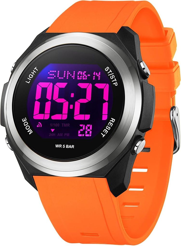 Damen Digital Armbanduhr 7 Farben LED Hintergrundbeleuchtung 5ATM wasserdicht Sportuhr leicht Alarm Stoppuhr Kalender TPU Armband