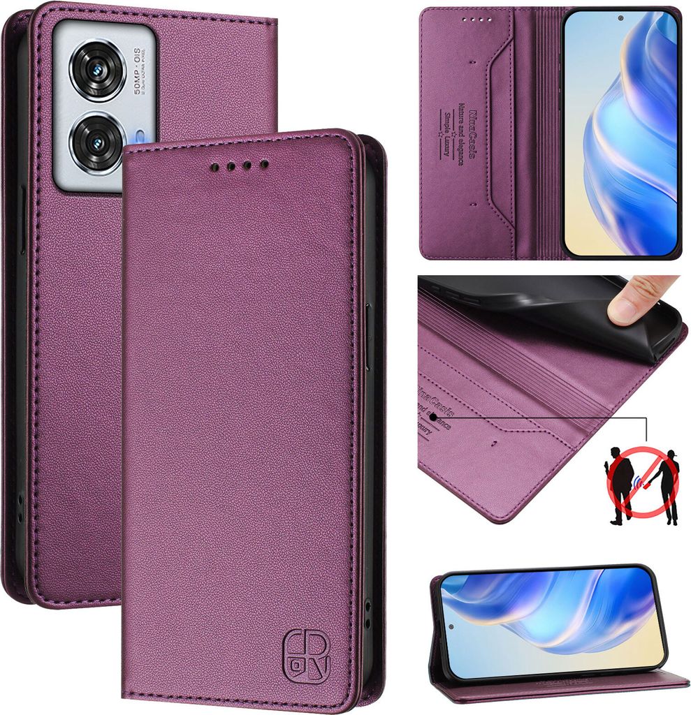 Lederhülle für Motorola Edge 50 Fusion Hülle Flip Brieftasche Kartenfächern Ständer Schutzhülle Lila
