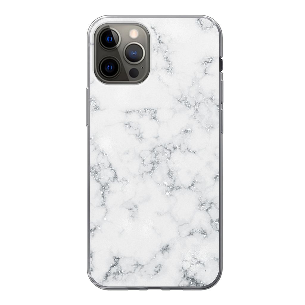 MuchoWow Handyhülle Schutzhülle Hülle für iPhone 13 Pro Marmor - Weiß - Silber - Glitter - Marmoroptik - Chic Silikon Softcase Handy Hülle ...
