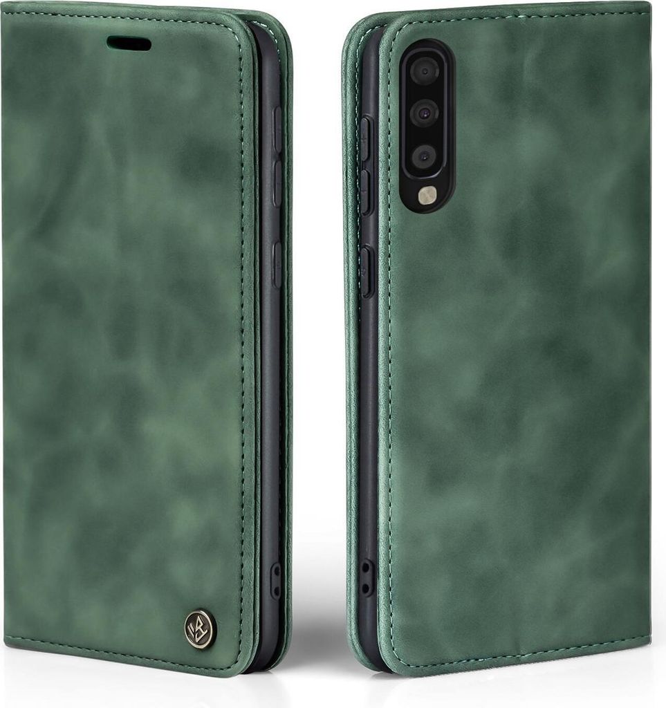 A green flip case for a Samsung Galaxy A70 phone, shown from two angles.
