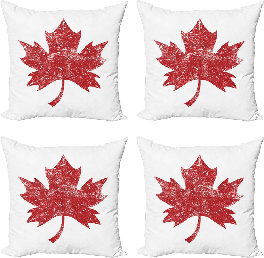 ABAKUHAUS Blätter Kissenbezug Set (4 Stück), Grunge Herbstlaub, Moderner Doppelseitiger Digitaldruck, 40 cm x 40 cm, Scarlet und Weiß