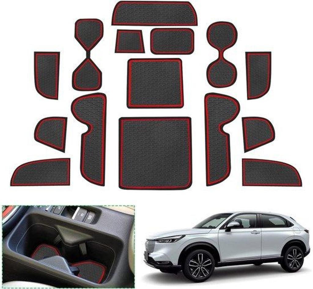Honda HRV Accessoires, Antislipmatten, Rote Deurnaadmatten, Middenconsole Bekerhoudermatten, Opbergboxmatten