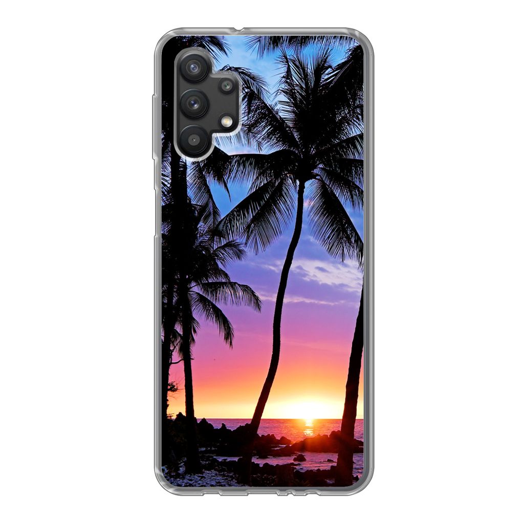 MuchoWow Handyhülle Schutzhülle Hülle für Samsung Galaxy A32 5G Der farbenprächtige Sonnenuntergang hinter einer Reihe von Palmen auf Hawaii...