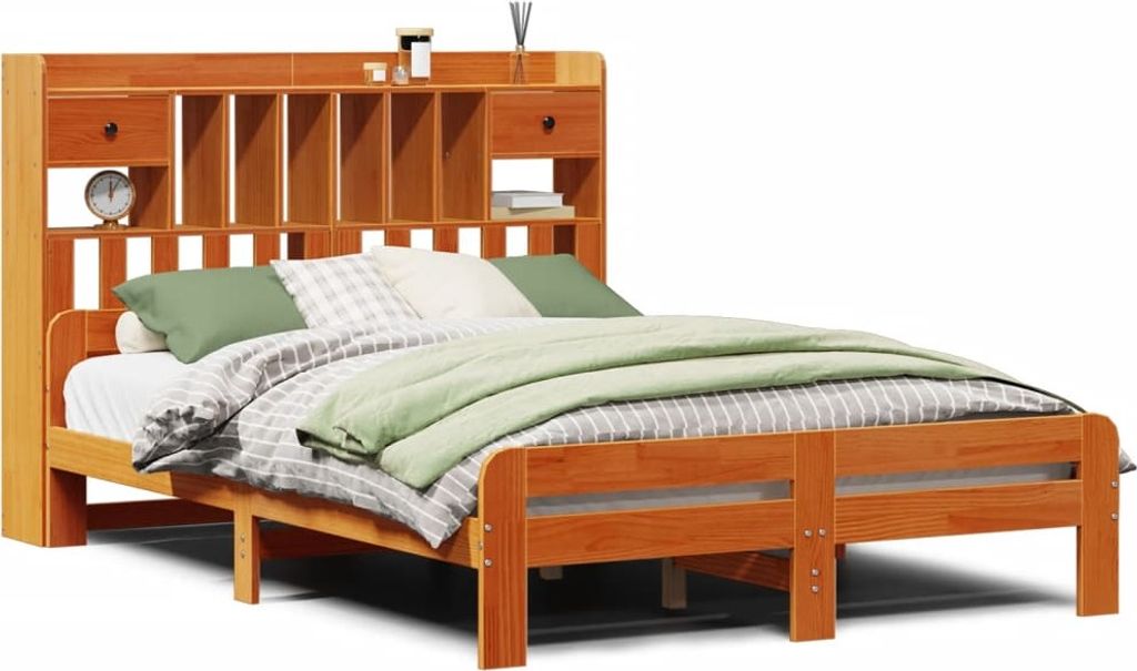 Massivholzbett mit Regal ohne Matratze Wachsbraun 160x200 cm