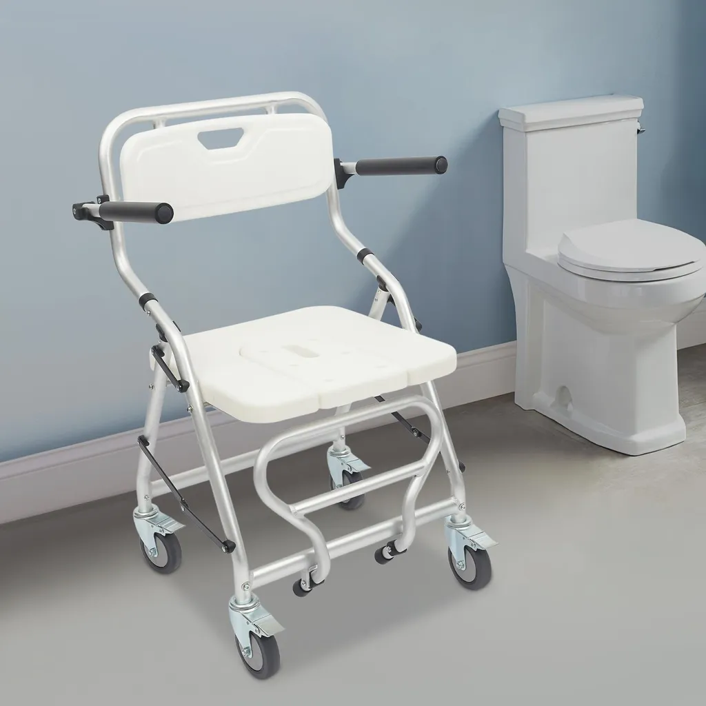 Chaise de douche pliable anti-chute avec roulettes - Aluminium 150kg