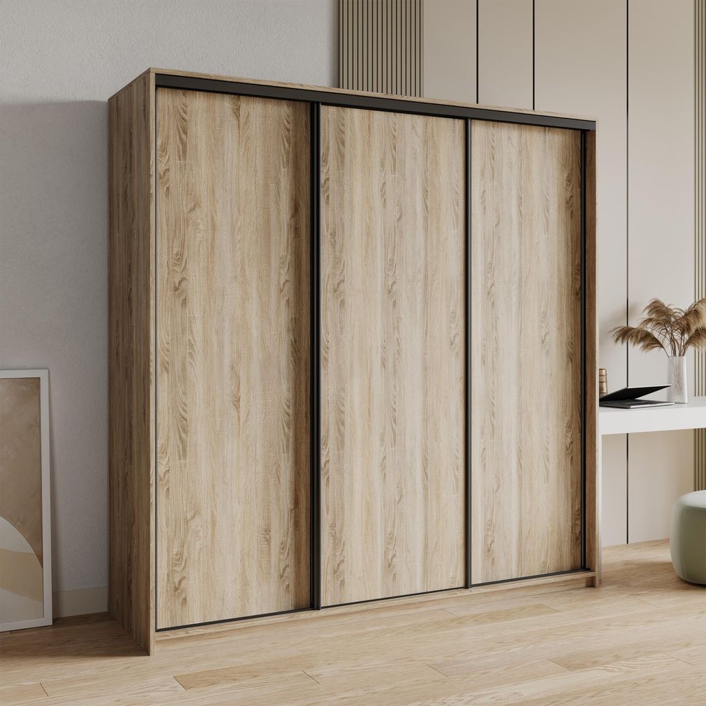 Masseno Schiebetürenschrank NISSE 180/205/60 cm Kleiderschrank mit 4 Schubladen Schlafzimmer Schrank 3-türig Sonoma Eiche