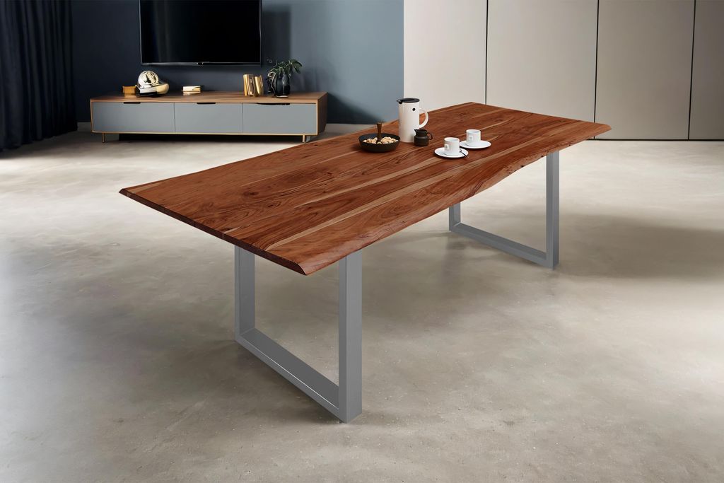 SAM Esstisch Baumkante massiv Akazie nussbaum 160 x 85 silber MILO