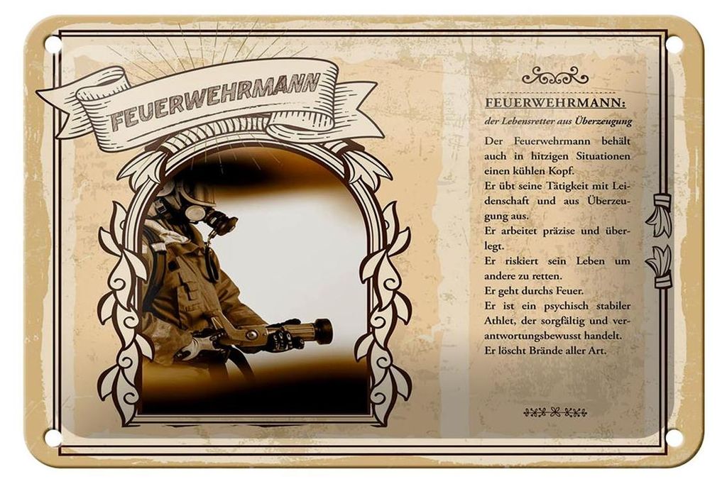 Blechschild Berufe 18x12cm Feuerwehrmann Lebensretter Feuer Schild