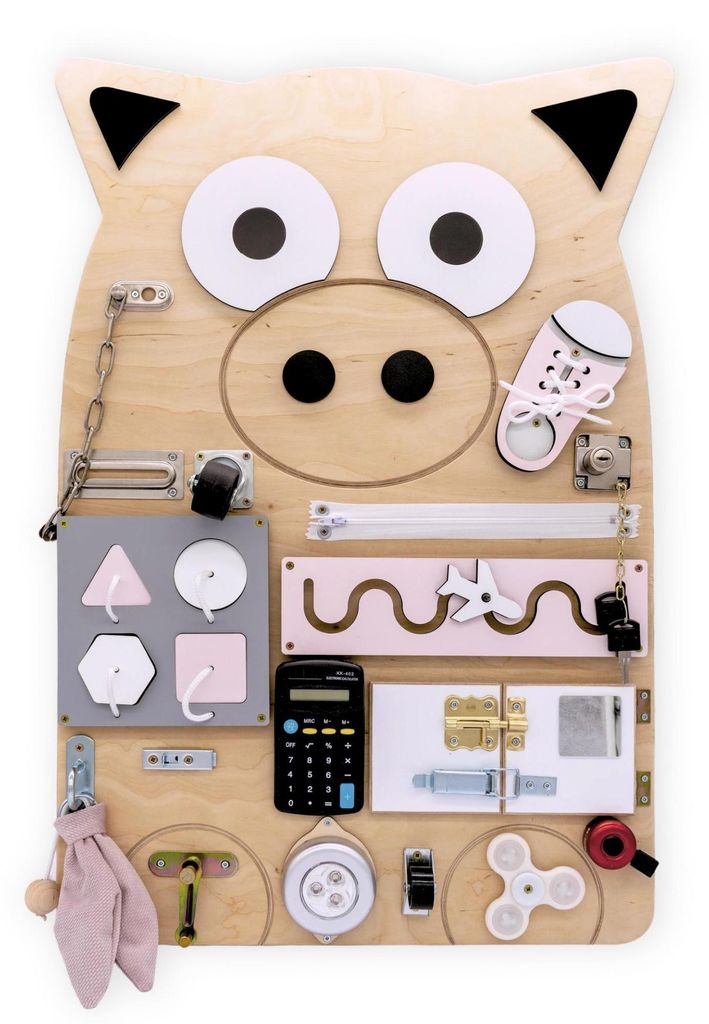 Motoriktafel „Schwein Alinka“ – Montessori Busyboard aus Holz