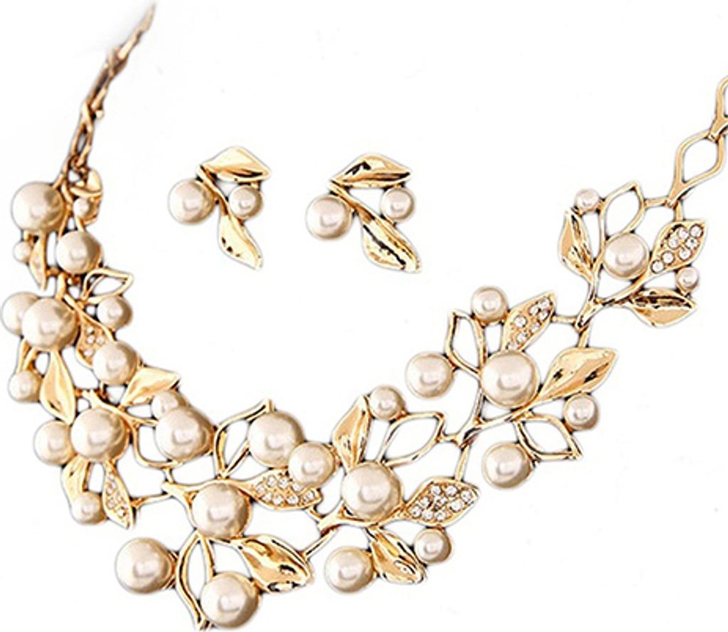 Elegantes Braut-Schmuckset mit Kunstperlenblättern, Halsband, Halskette, Ohrsteckern-Gold