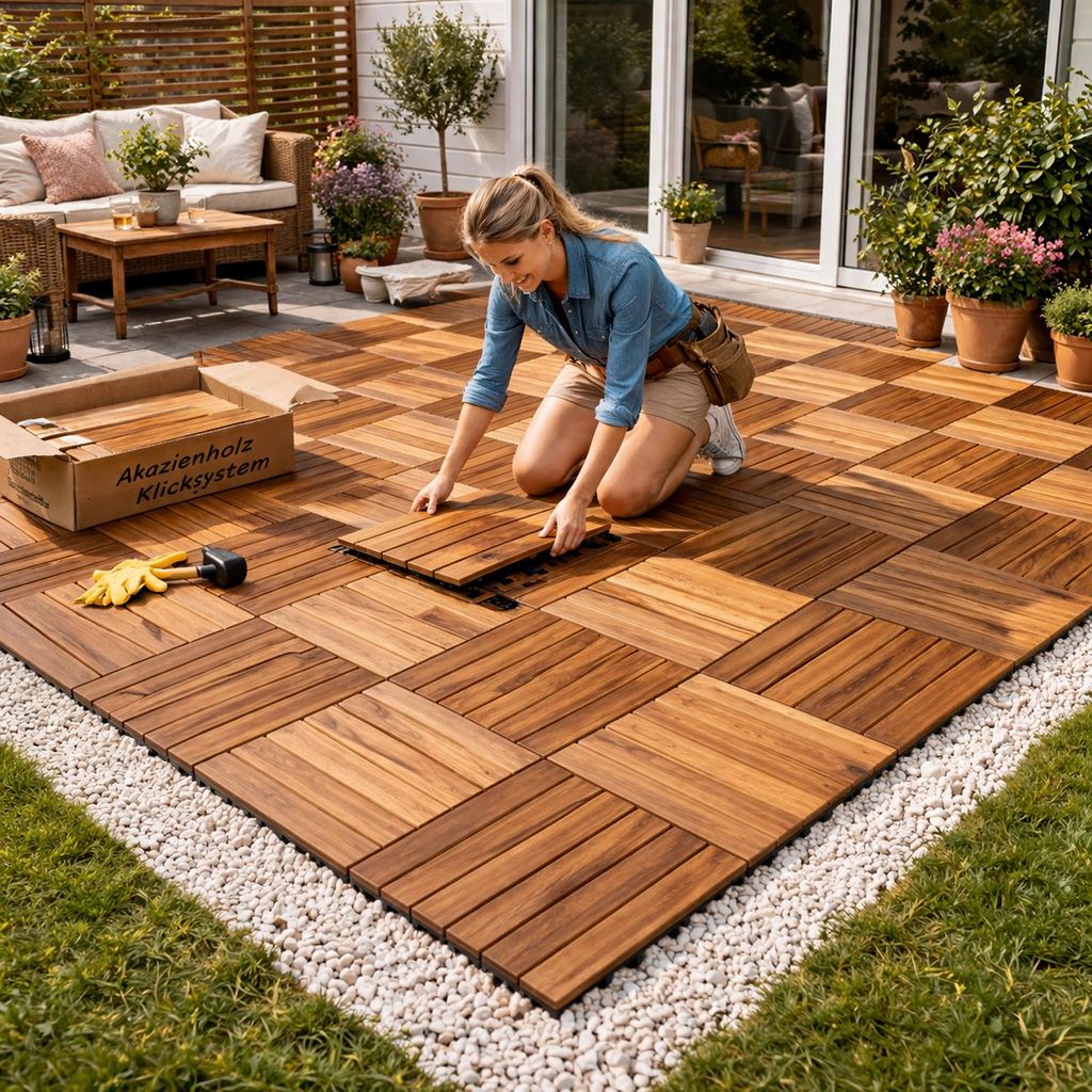 11 Stück ca. 1QM Holzfliese Akazienholz FSC®-zertifiziert 30x30cm Fliese Stecksystem Zuschneidbar