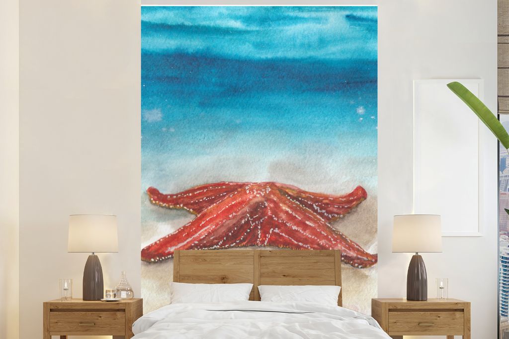 MuchoWow Fototapete für Wohnzimmer oder Schlafzimmer Wandtapete Vinyl Motivtapete Seestern - Aquarell - Meer - 200x300 cm - Wanddekorationen