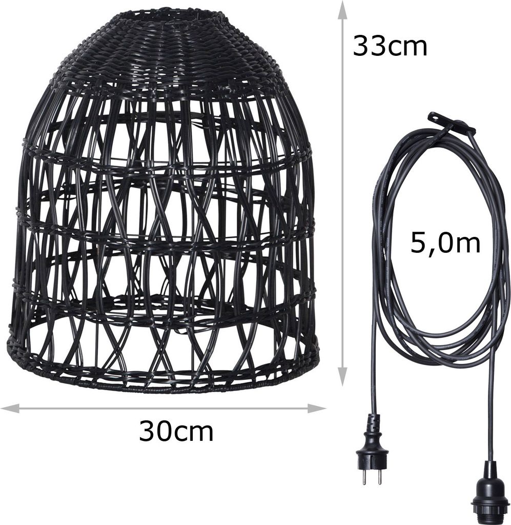 Lampenschirm BELL wetterfest - Rattan-Optik - mit E27 Kabelfassung - D: 30cm/H: 33cm - schwarz