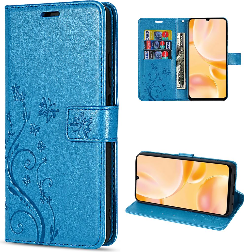 A collage of images showing a blue flip phone case with a floral design, a view of the inside with card slots, and the phone case used as a stand.
