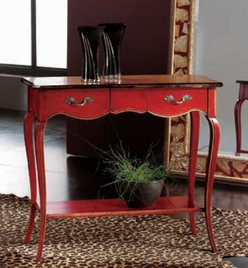 Casa Padrino Luxus Barock Konsole Antik Rot / Braun / Silber - Handgefertigter Konsolentisch mit 2 Schubladen - Luxus Wohnzimmer Möbel im Barockst...