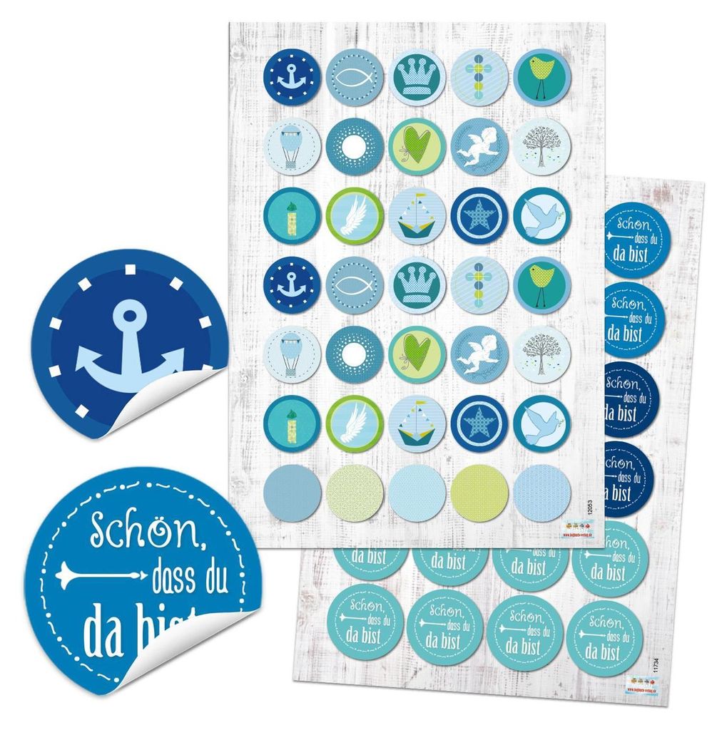 Aufkleber Set 24 Schön, dass du da bist + 35 Sticker mit maritimen Motiven blau türkis - Taufe Kommunion