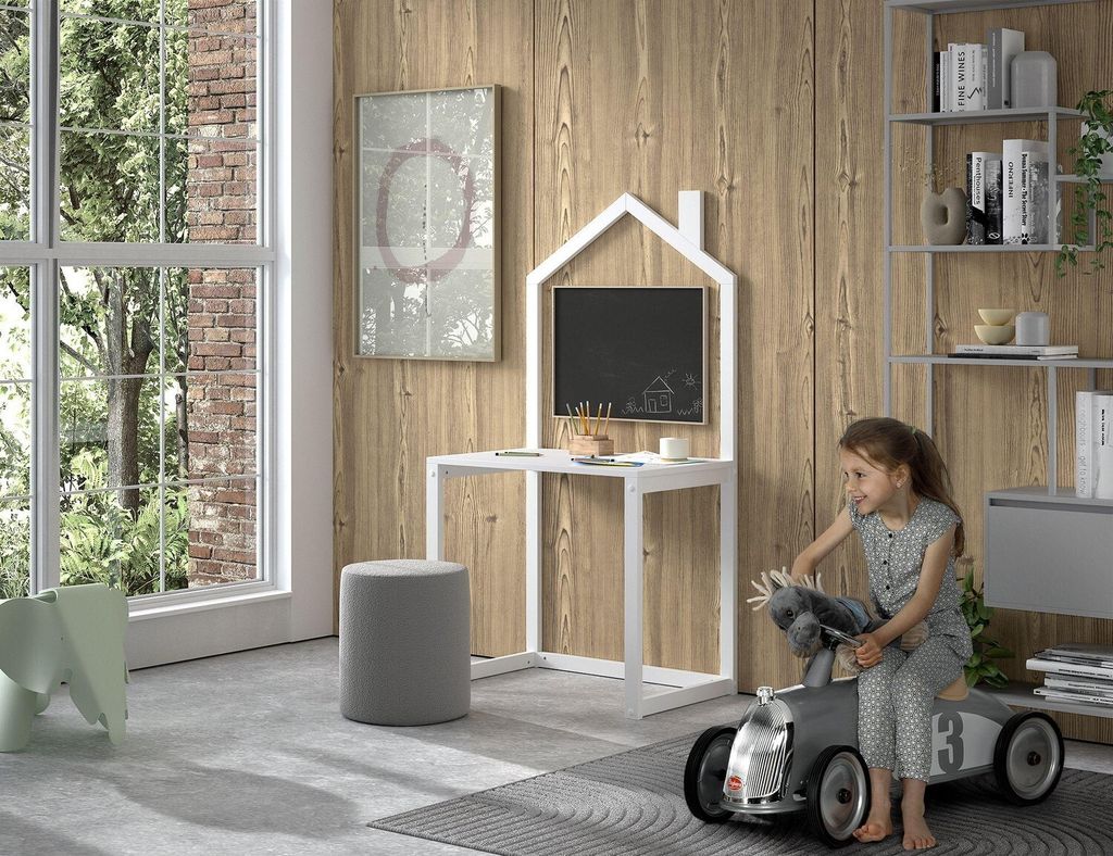 JAXX - DALLAS Kinderschreibtisch mit Haus-Optik aus massiver Kiefer, weiß lackiert